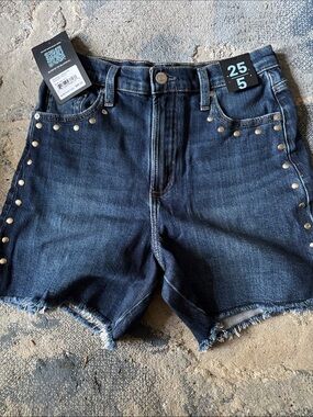 Silver Dark Blue Studded Denim Shorts -